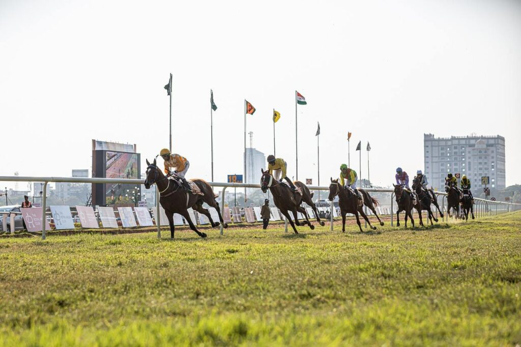 Carrera de caballos en plena acción, mostrando la velocidad y energía de los jinetes
